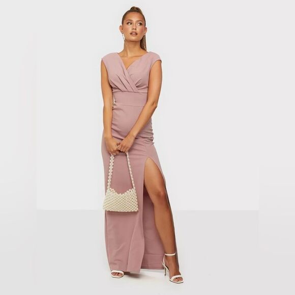 NWT AX Paris Plunge Front Maxi Dress High Slit in Mushroom Color Women’s US Sz10 - Picture 1 of 13